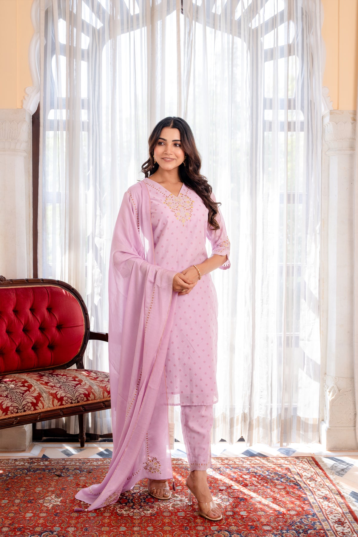 Women Purple Pink CHANDERI 3PC KURTA PANT SET WITH DELICATE EMBROIDERY DETAILS
