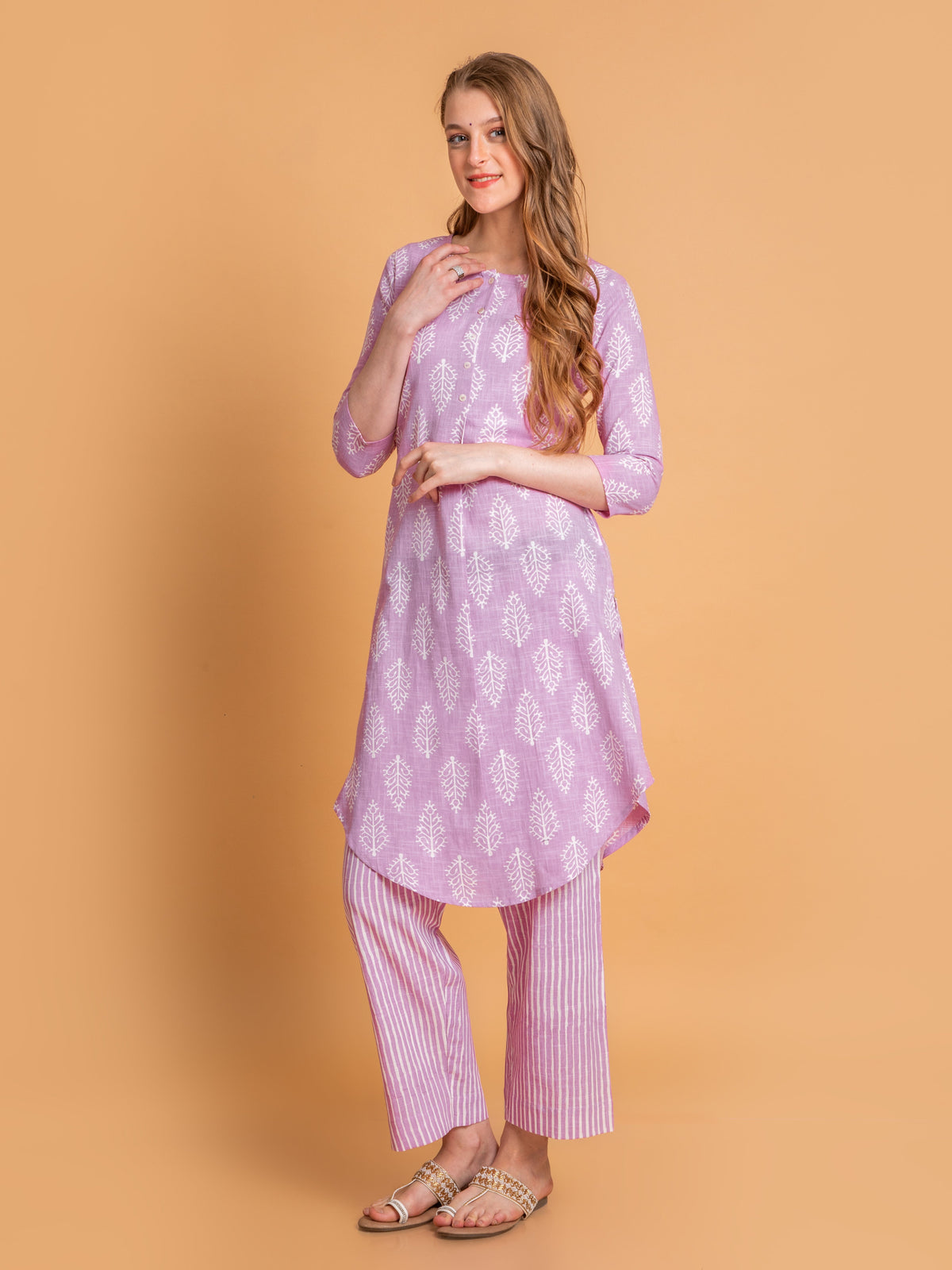 Women Pink Lavender Cotton Slub Printed Co-Ord Set