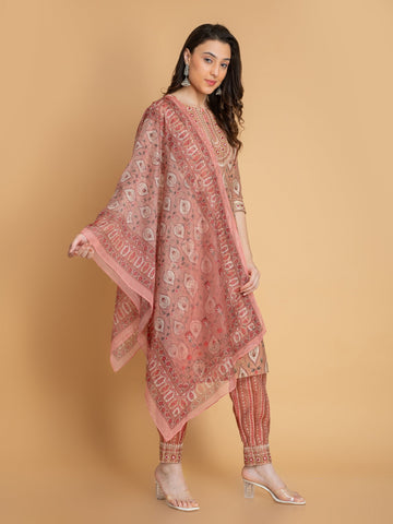 Amber Brown 3 Pcs Kurta Set in Italian Tusser Silk