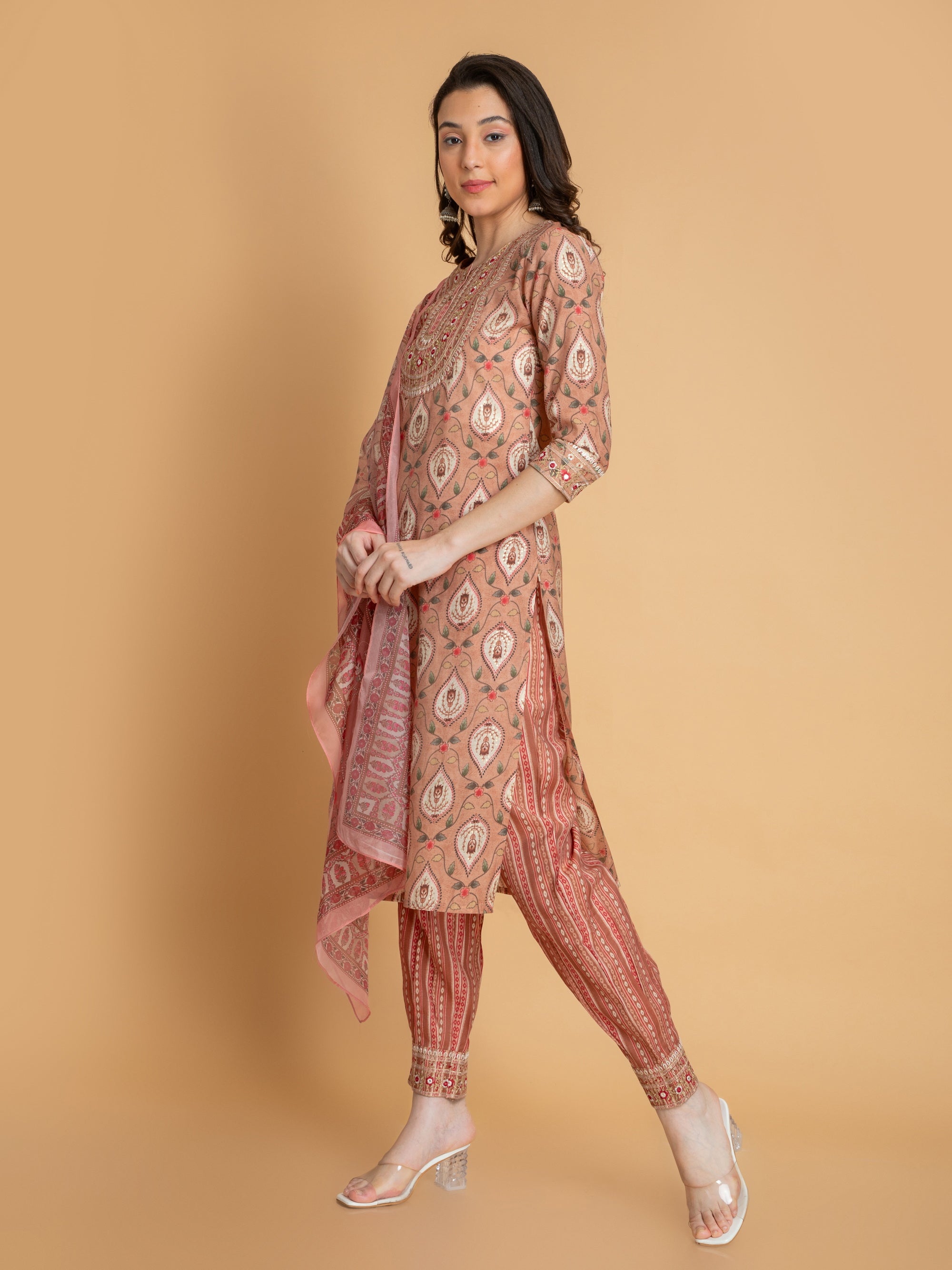 Amber Brown 3 Pcs Kurta Set in Italian Tusser Silk