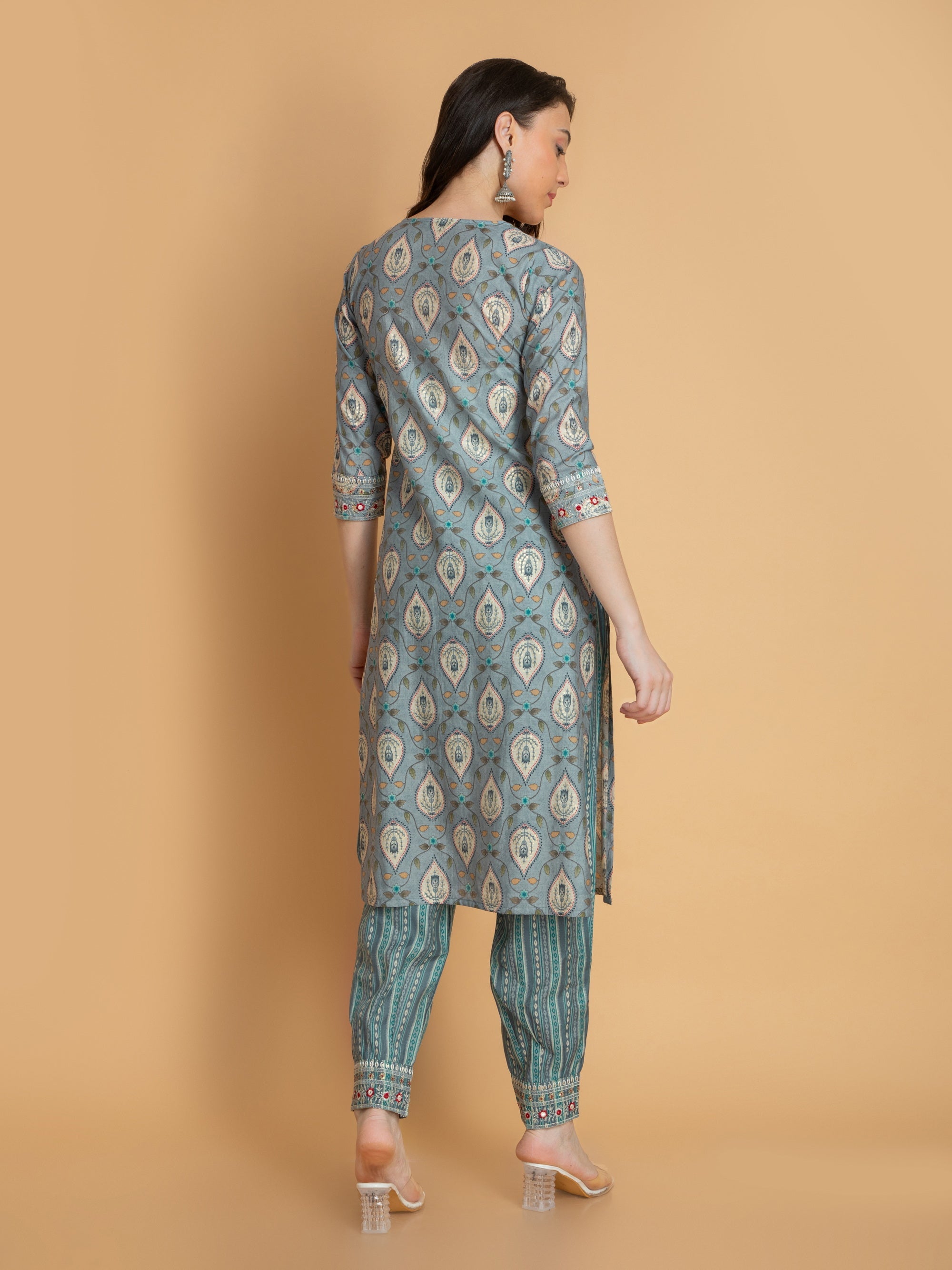 Blue Stone 3 Pcs Kurta Set in Italian Tusser Silk