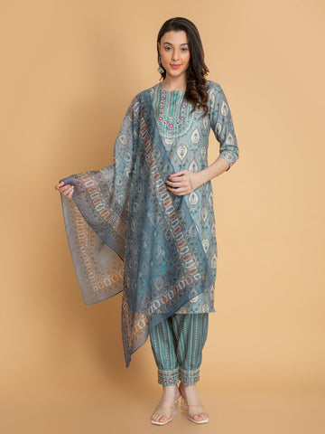 Blue Stone 3 Pcs Kurta Set in Italian Tusser Silk