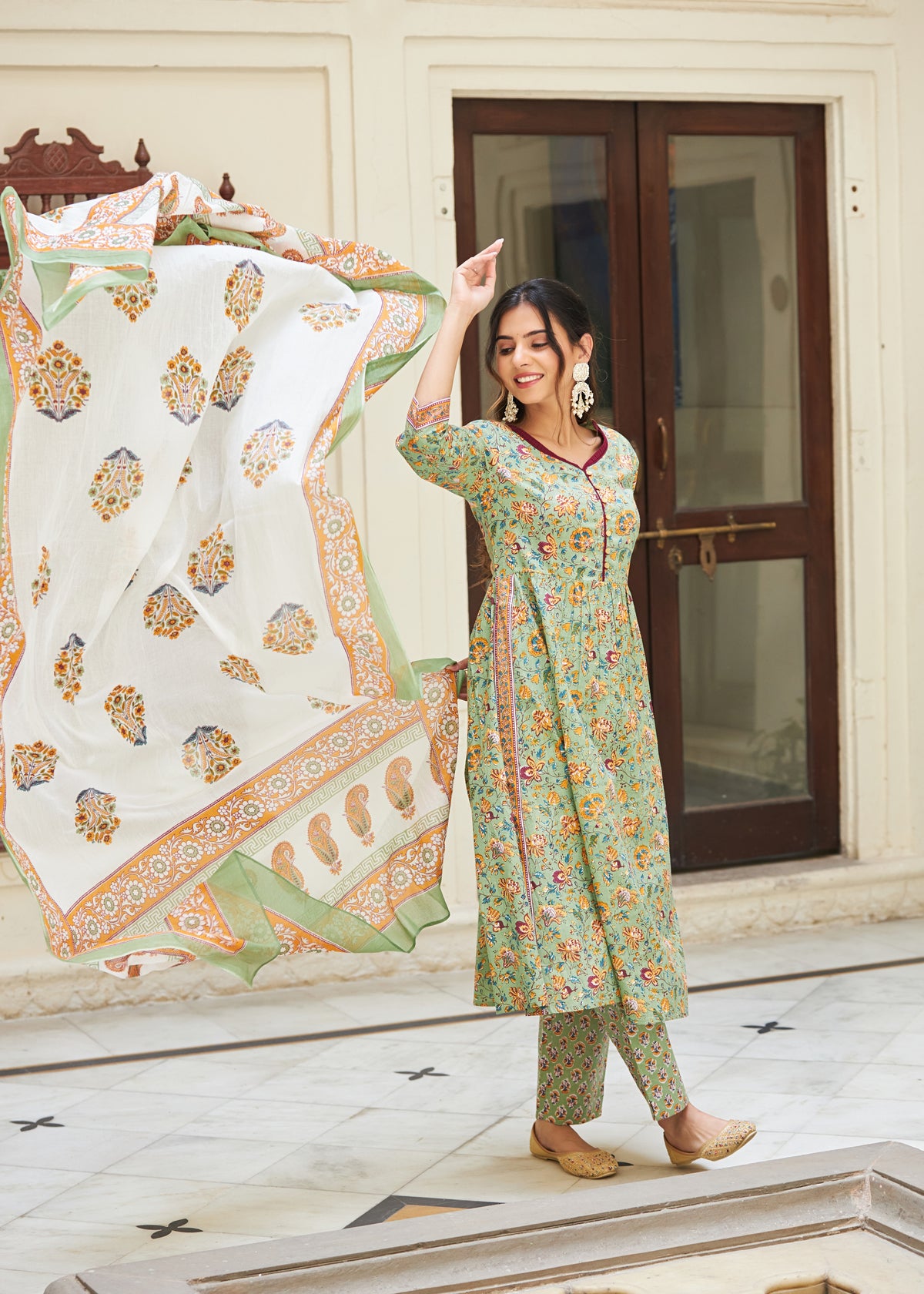 Mul Cotton Printed Nayra Cut 3Pc Kurta Set