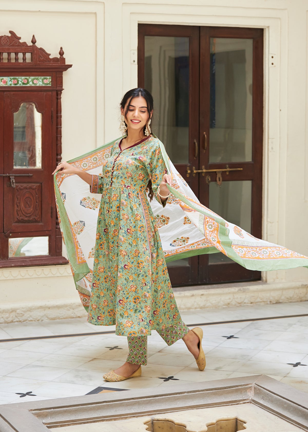 Mul Cotton Printed Nayra Cut 3Pc Kurta Set