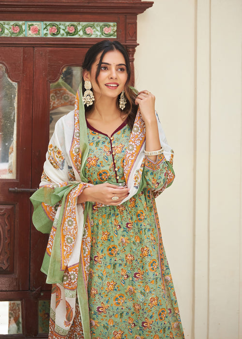 Mul Cotton Printed Nayra Cut 3Pc Kurta Set