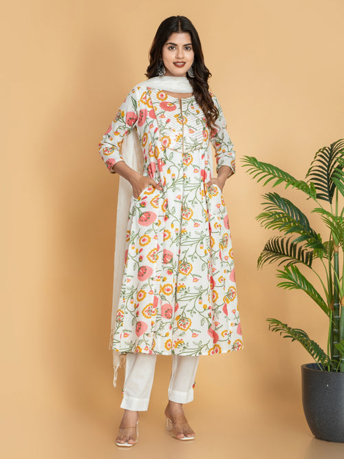 SUTI WOMEN MUL-COTTON PRINTED ANARKALI 3PCS SET