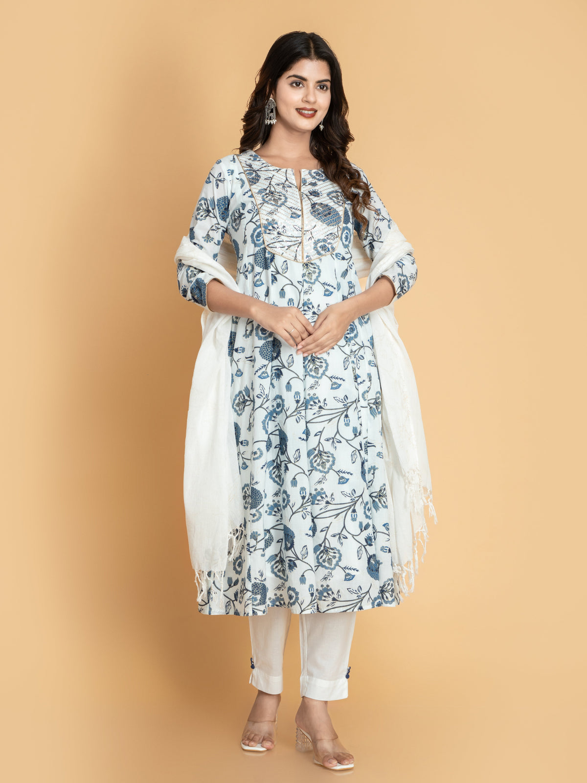 Women Indigo Blue MUL-COTTON PRINTED ANARKALI 3PCS SET