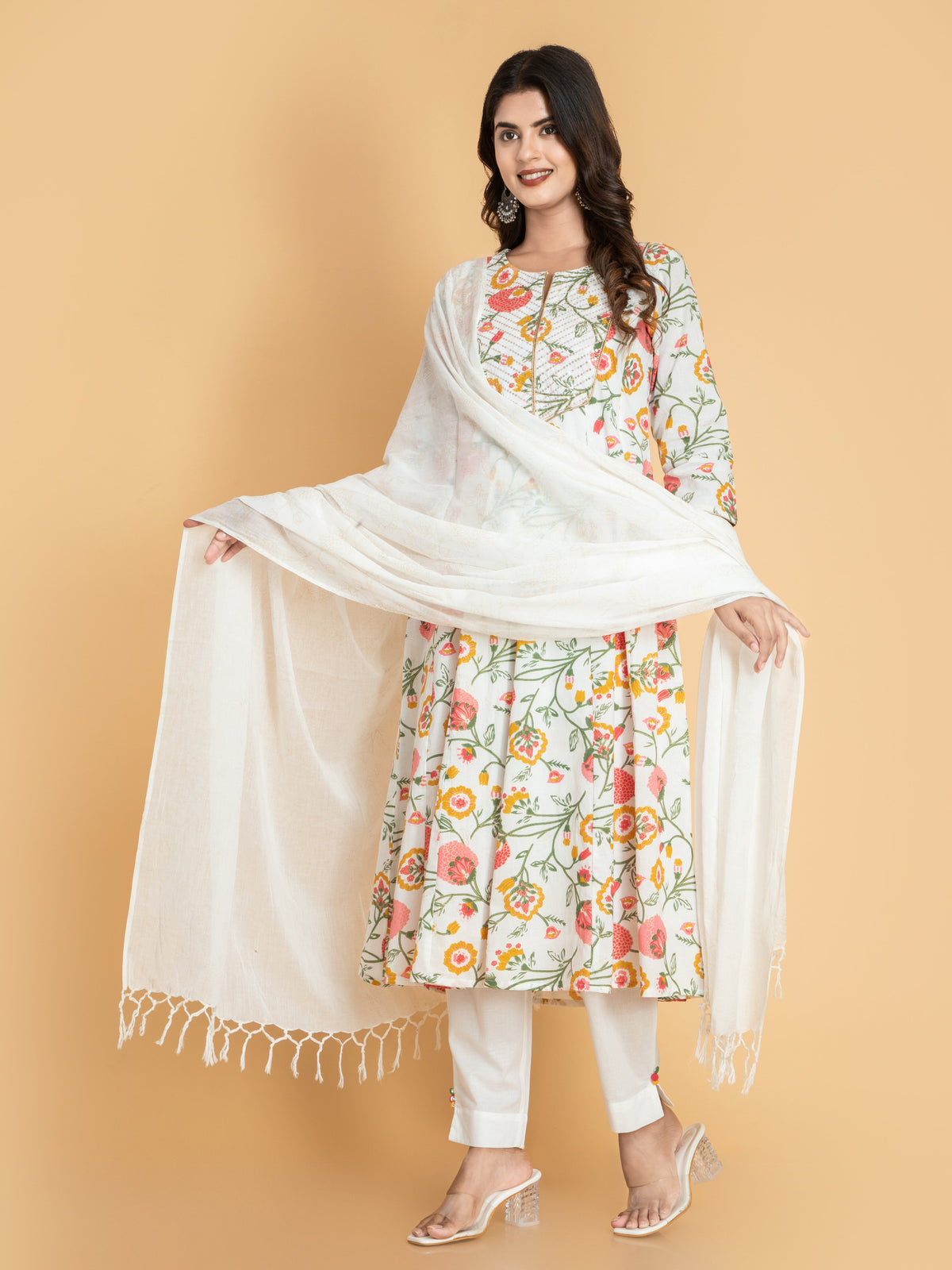 Women Off White MUL-COTTON PRINTED ANARKALI 3PCS SET