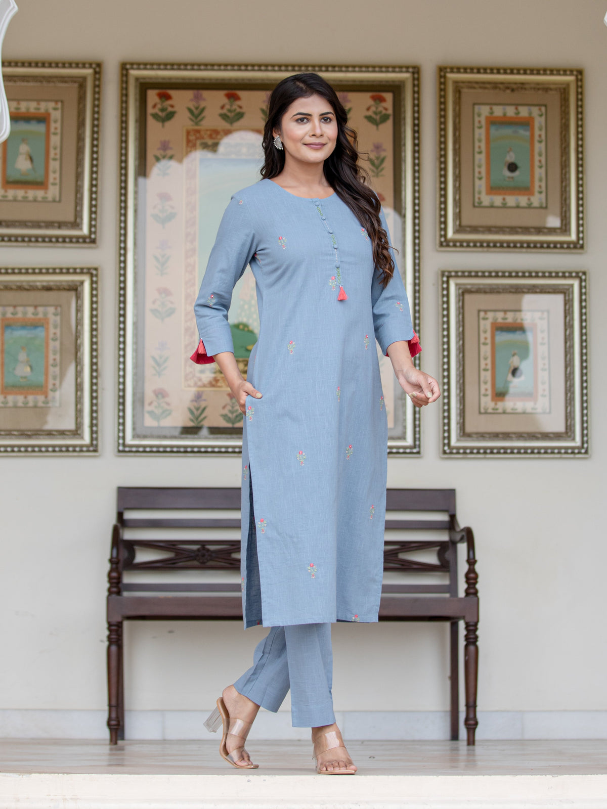 Women Powder Blue 2PC KURTA PANT SET WITH HAND CRAFT DETAILS