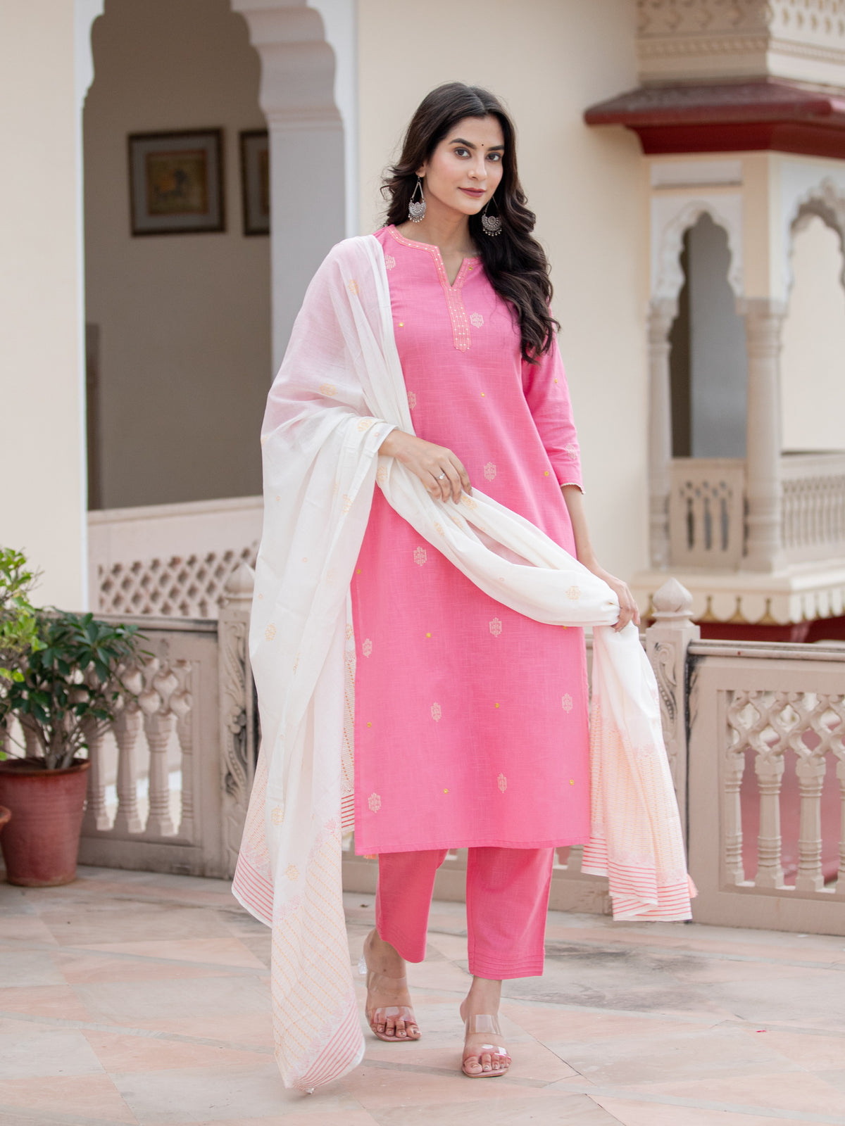 3PC MIRROR WORK EMBROIDERED KURTA PANT SET