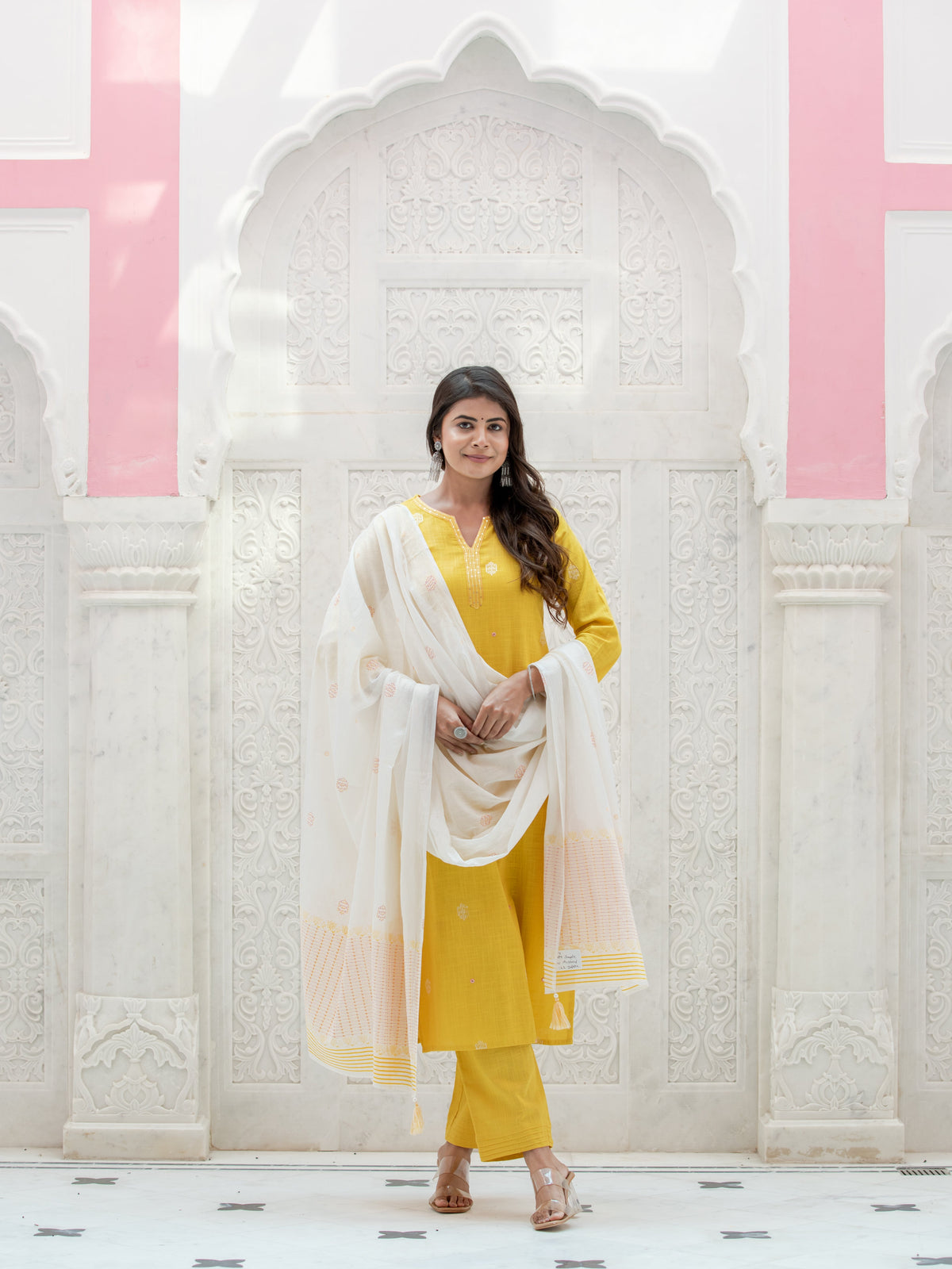 Women New Mustard 3PC MIRROR WORK EMBROIDERED KURTA PANT SET