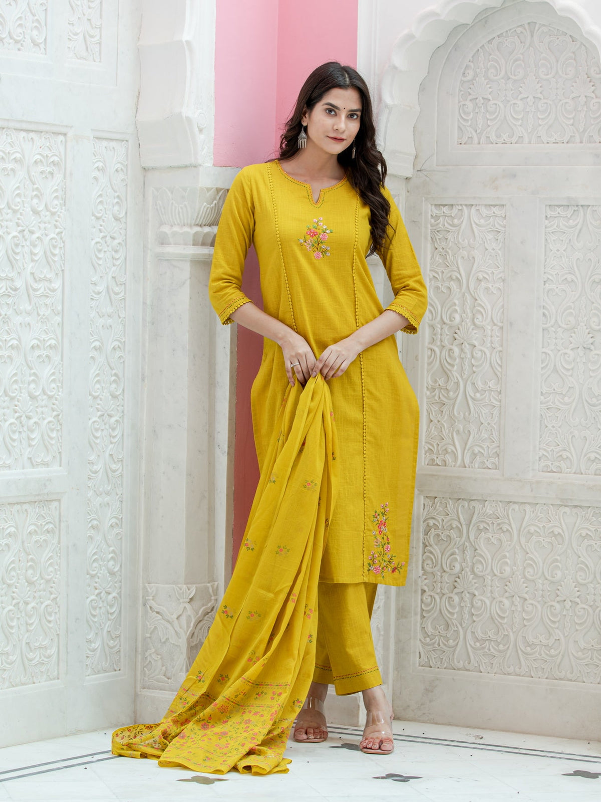 Women Ceylon Yellow 3PC KURTA PANT SET EMBROIDERED WITH HAND CRAFT DETAILS