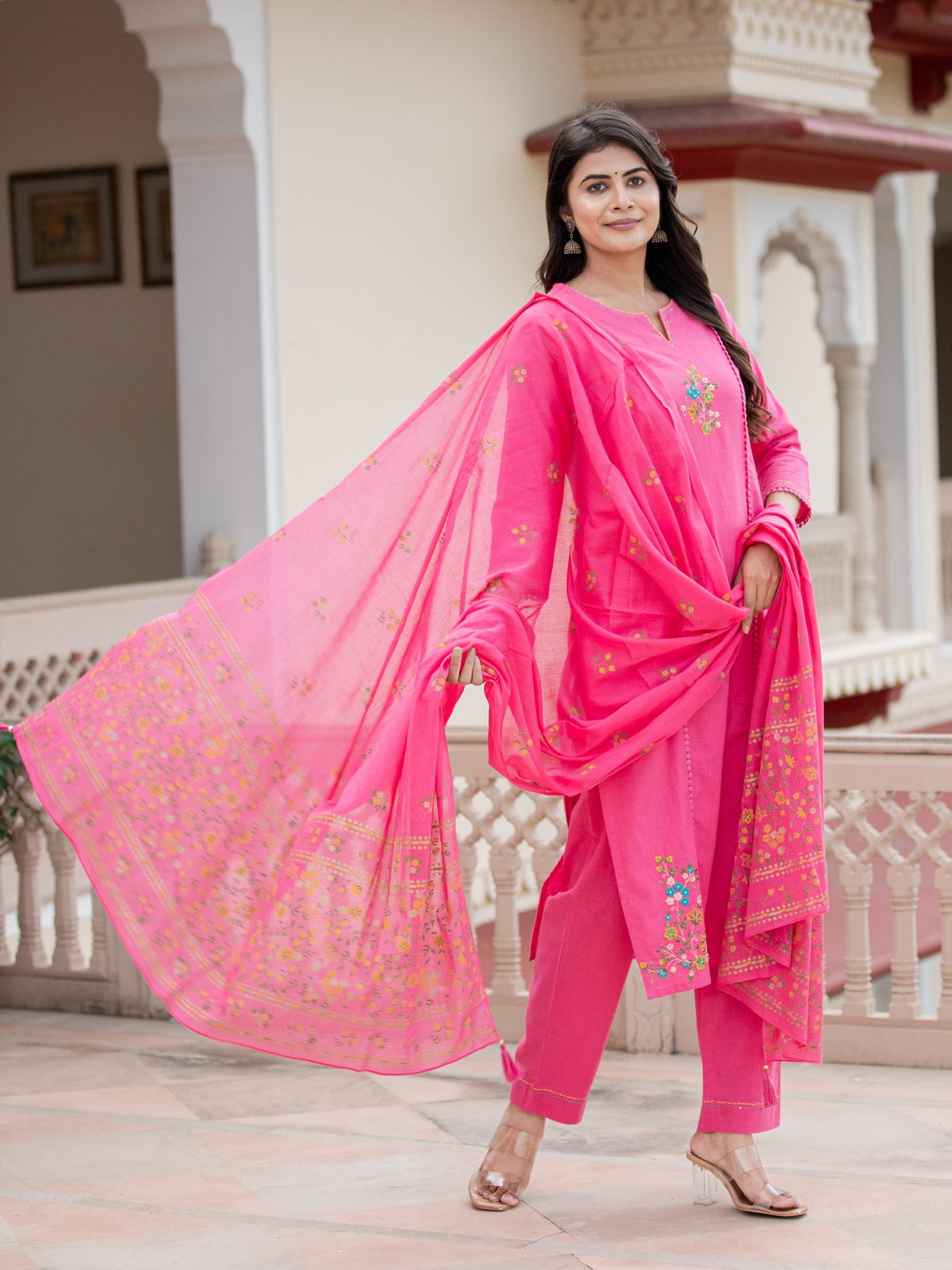 Women Deep Sea Coral 3PC KURTA PANT SET EMBROIDERED WITH HAND CRAFT DETAILS