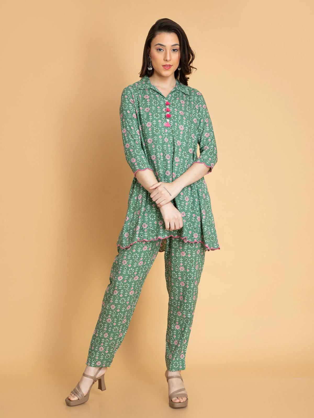 Women Jade Green 2 PCS CO-ORD SET WITH TASSEL DETAILS