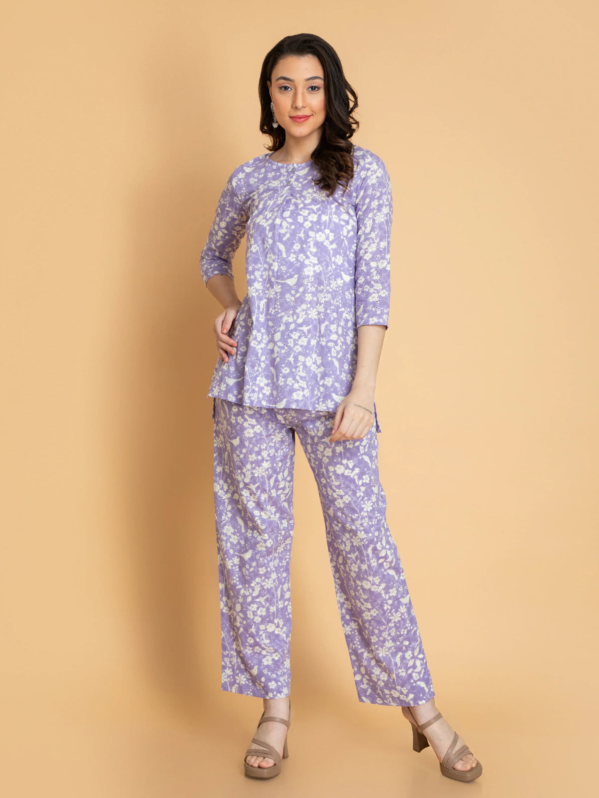 Women Lilac PRINTED SCHIFFLI CO-ORD SET HAND CRAFTED