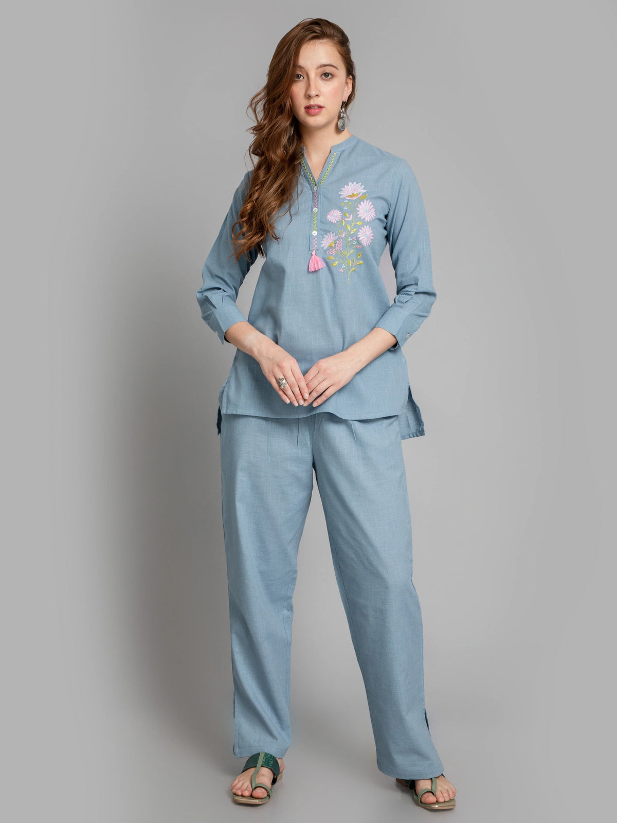 Women Powder Blue EMBROIDERED HAND CRAFTED CO-ORD SET