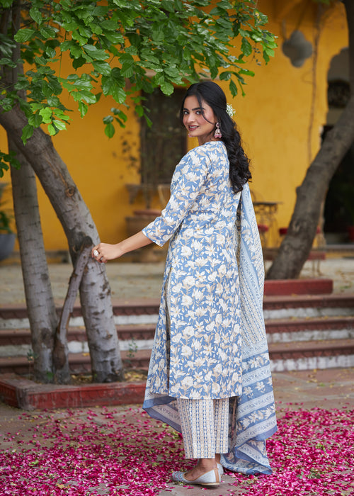 Mul Cotton Floral Printed Embroidered 3Pc Kurta Set