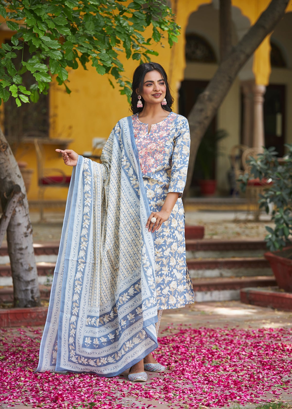 Women Blue Stone MUL COTTON PRINTED 3PC EMBROIDERED SET