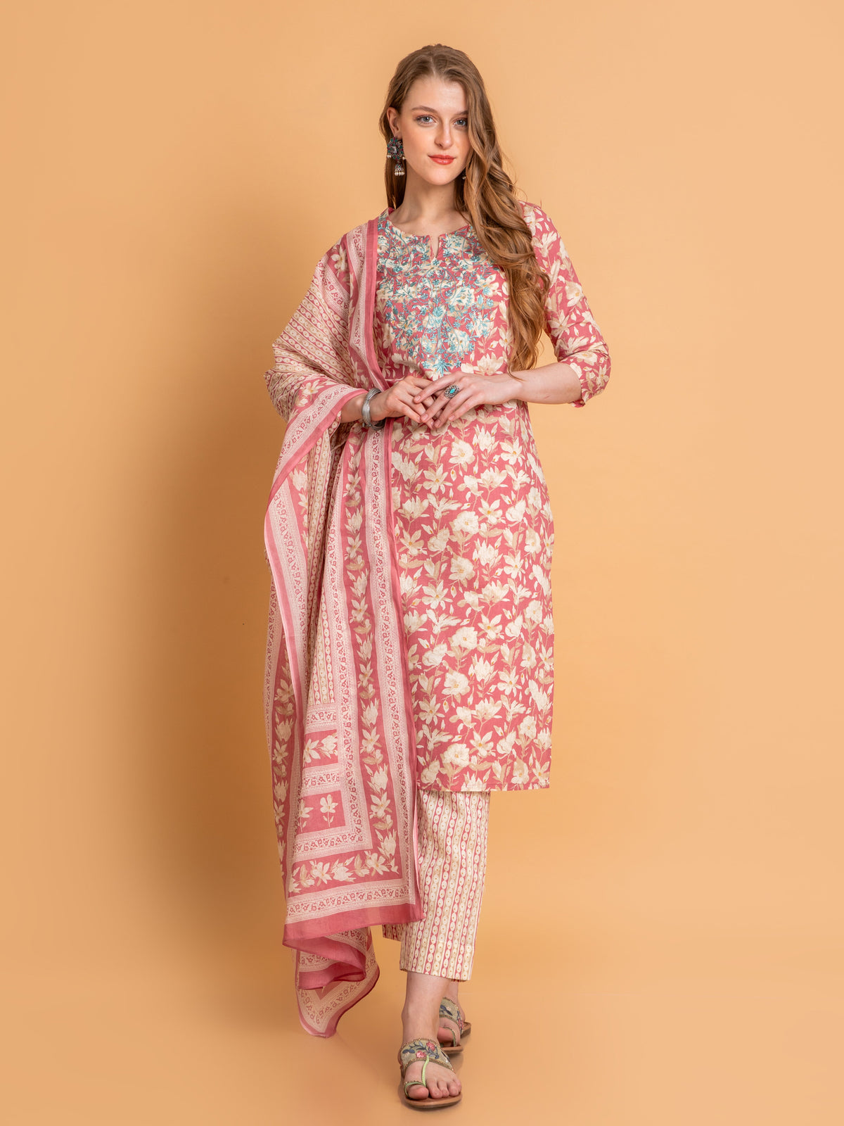 Women Peach Blossom MUL COTTON PRINTED 3PC EMBROIDERED SET