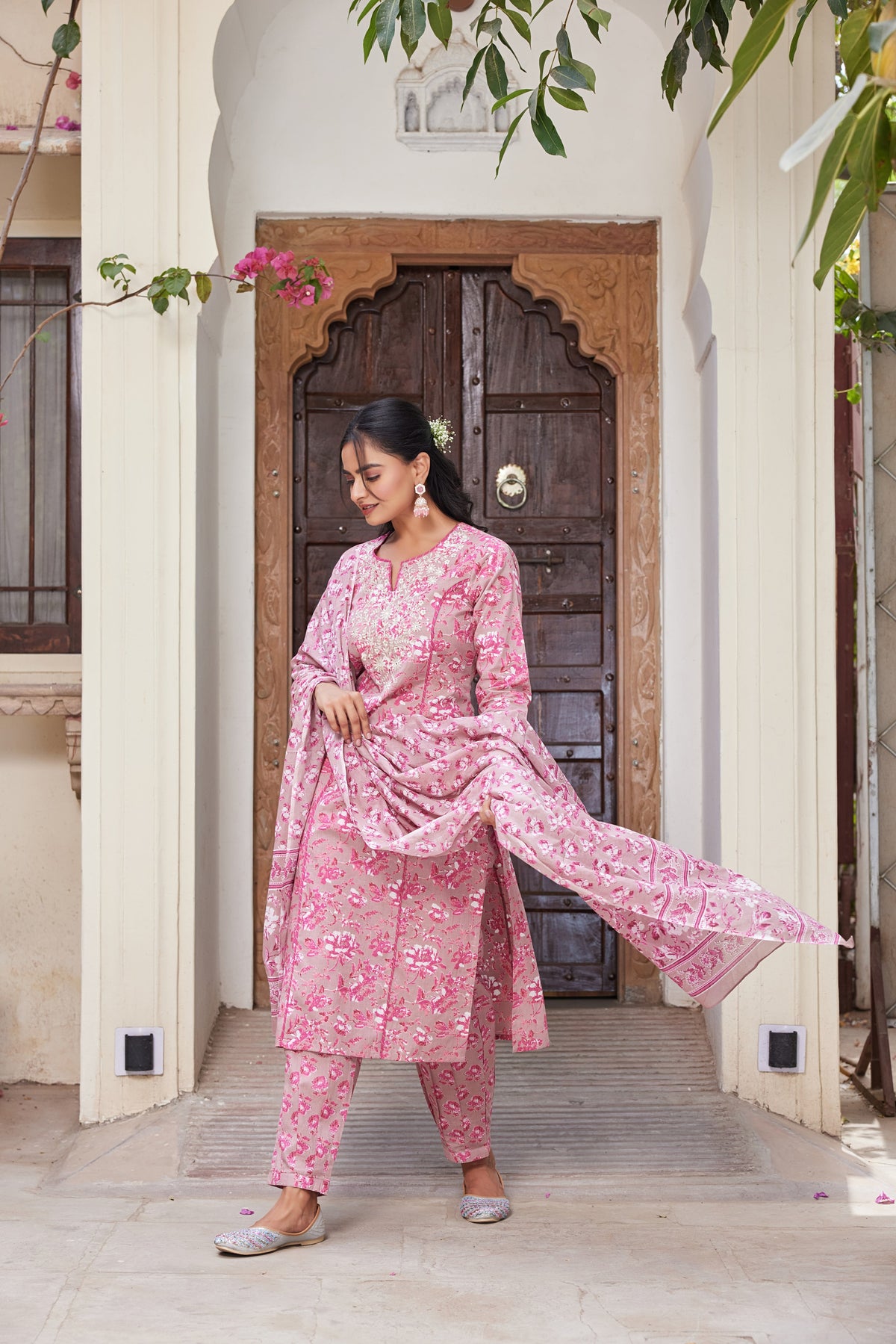 Women Ash Rose Embroidered Mul Cotton Printed 3PC Kurta Pant Set