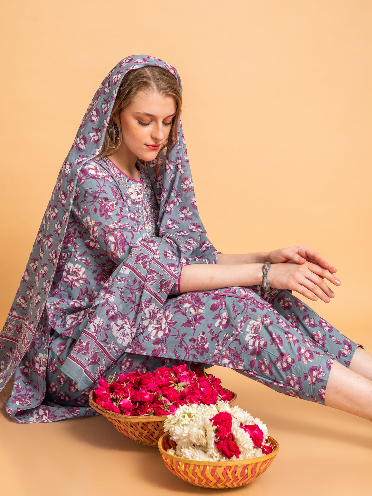 Women Blue Stone Embroidered Mul Cotton Printed 3PC Kurta Pant Set