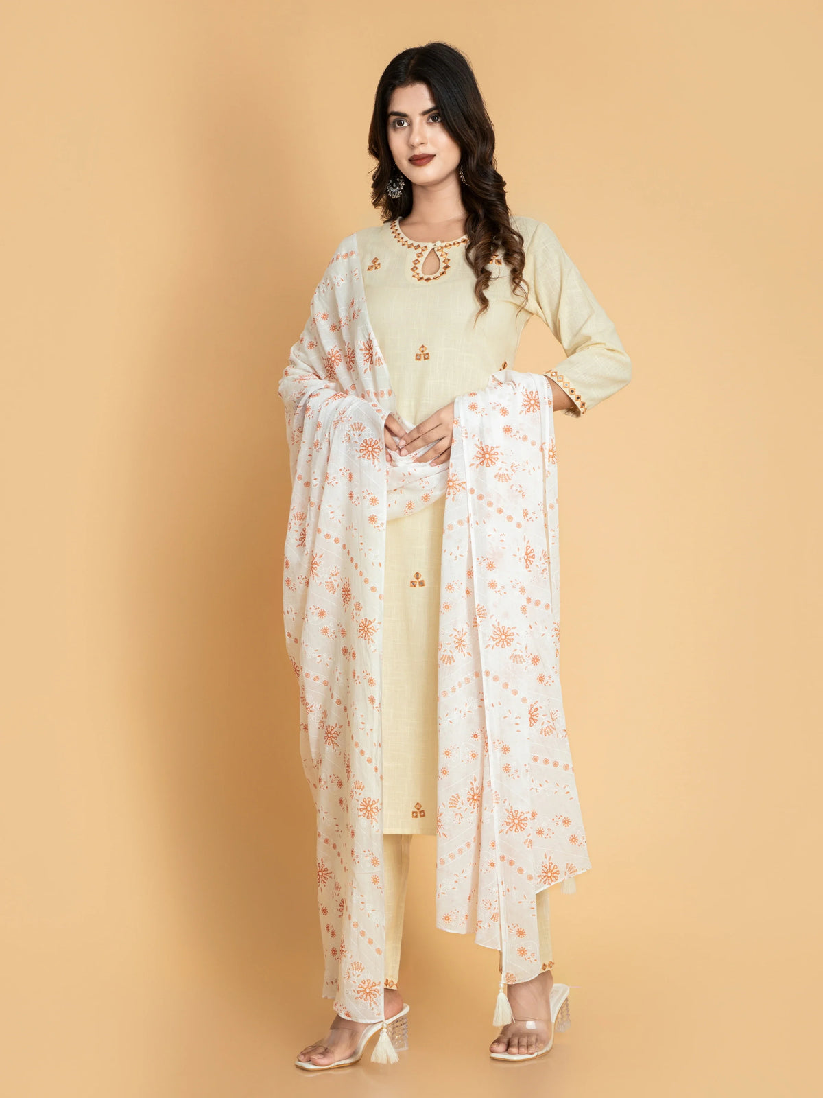 Women Cream MIRROR EMBROIDERY 3PC KURTA PANT SET
