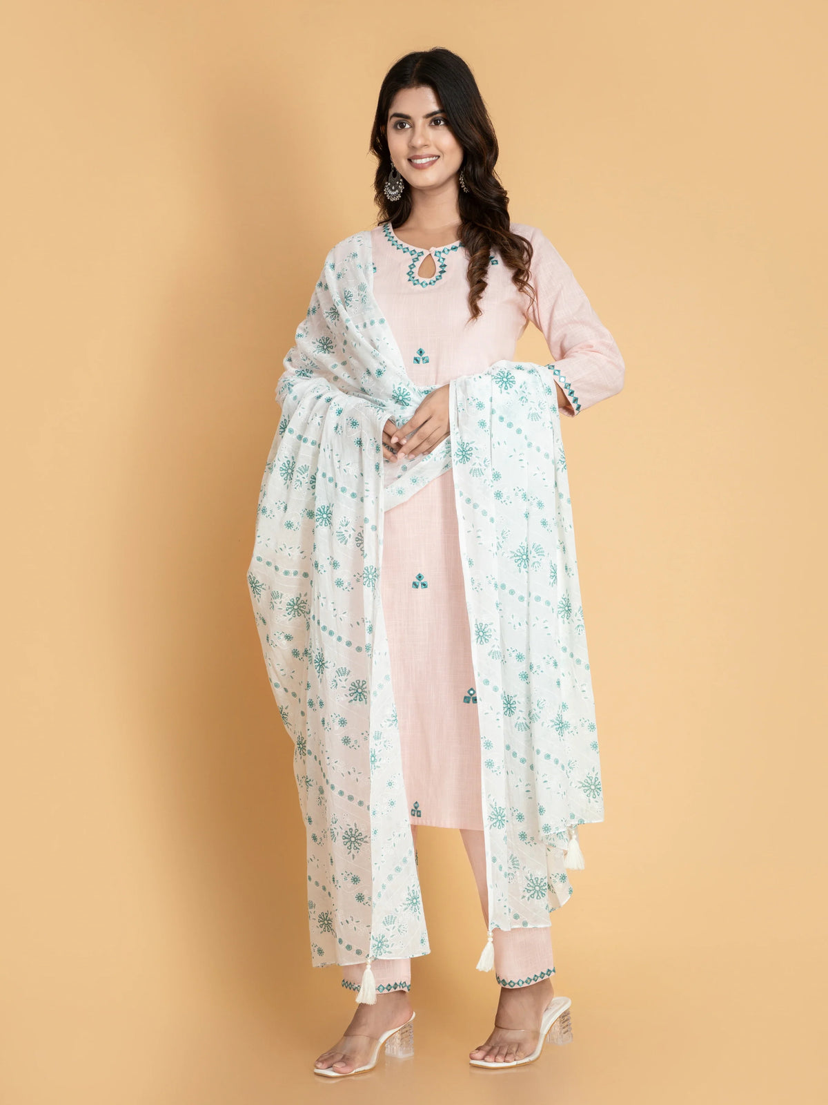 Women Light Pink MIRROR EMBROIDERY 3PC KURTA PANT SET