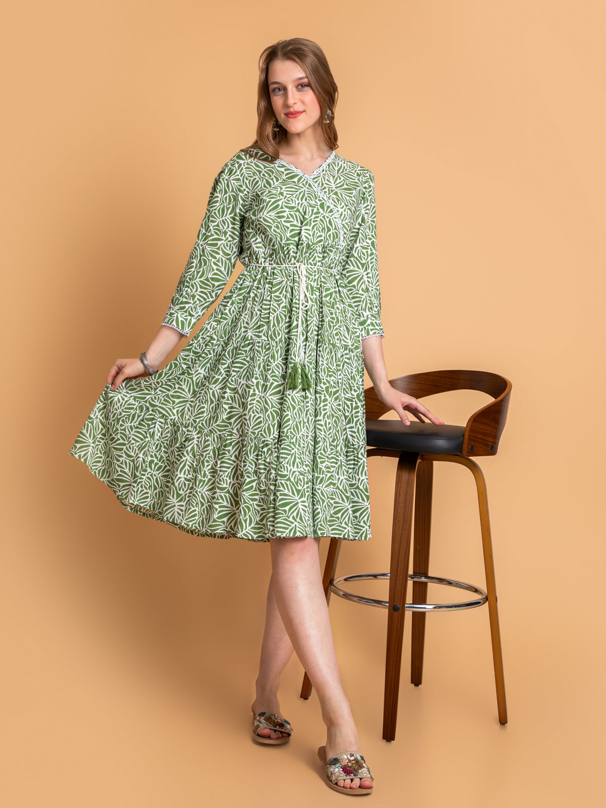 Women Forest Green Mid Length Tiered Dress