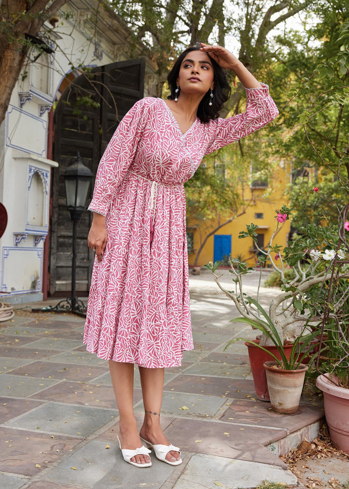 Women Peach Blossom Mid Length Tiered Dress