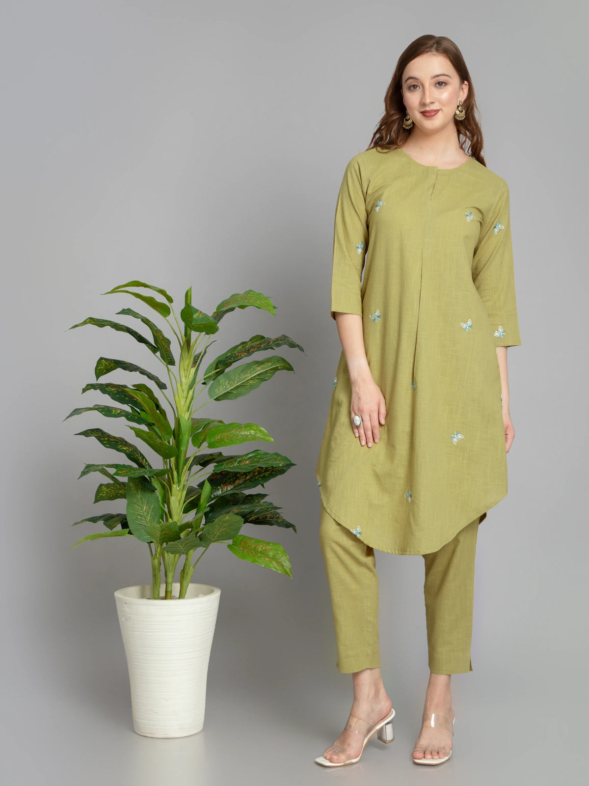Woemn Olive 2PC EMBROIDERED CO-ORD SET