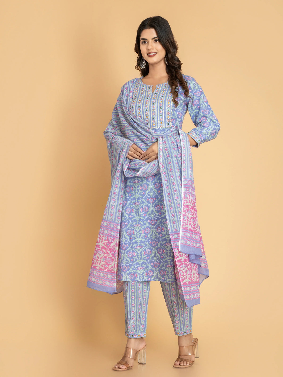 Women Dusk Blue MUL-COTTON 3PC PRINTED KUTI PANT SET WITH EMBROIDERY DETAILS