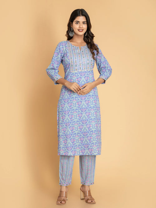 SUTI WOMEN MUL-COTTON 3PC PRINTED KUTI PANT SET WITH EMBROIDERY DETAILS