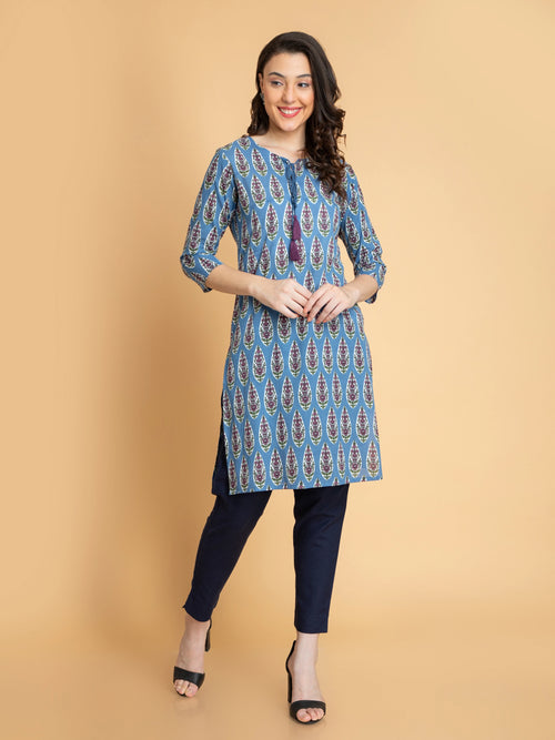 MUL-COTTON PRINTED KURTI WITH DORI LATKAN DETAIL