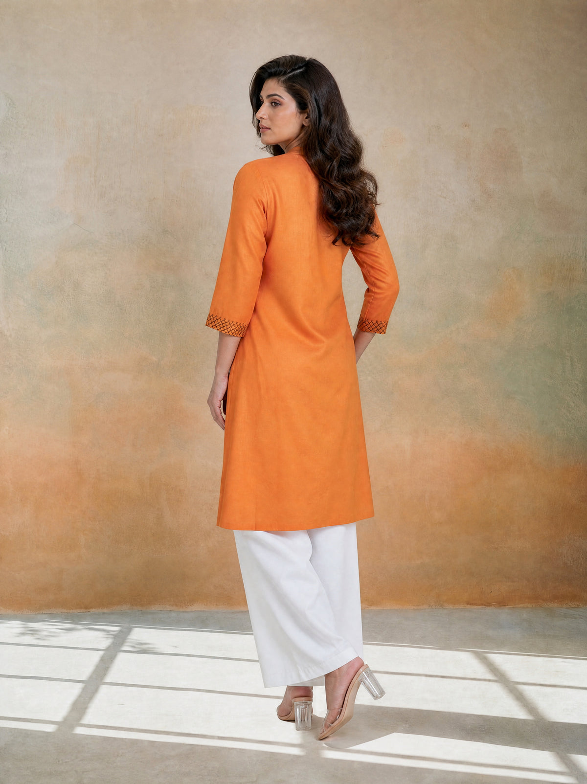 Mustard Italian Silk A-Line Pleated Long Kurti with Adda Work