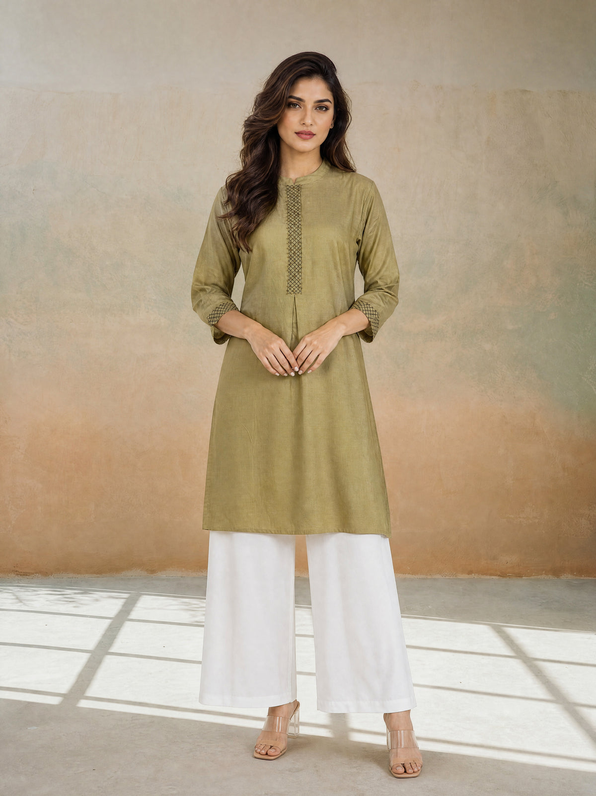 Olive Green Italian Silk A-Line Pleated Long Kurti with Adda Work