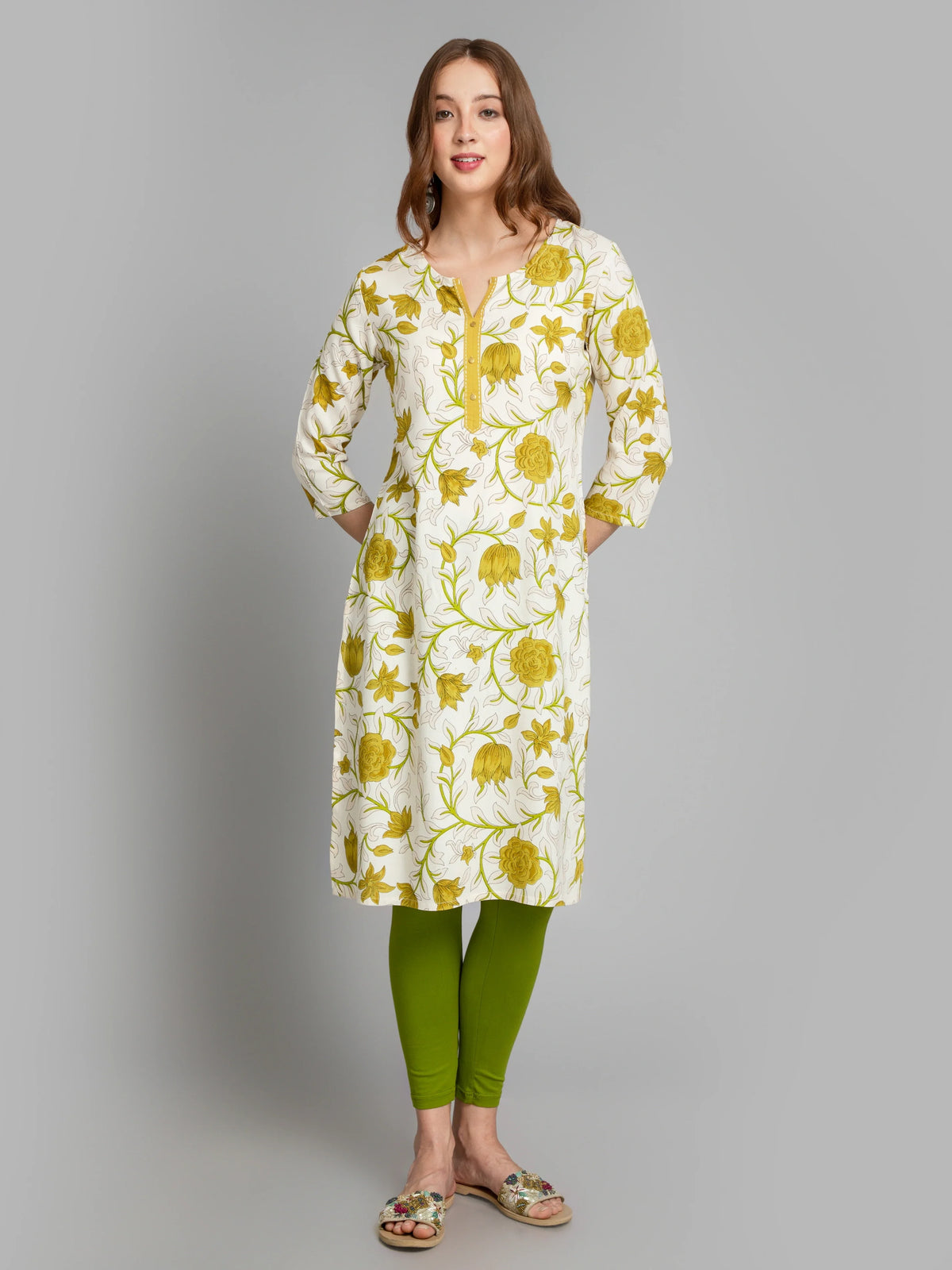 Women Light Yellow FLORAL PRINTED LONG KURTA.