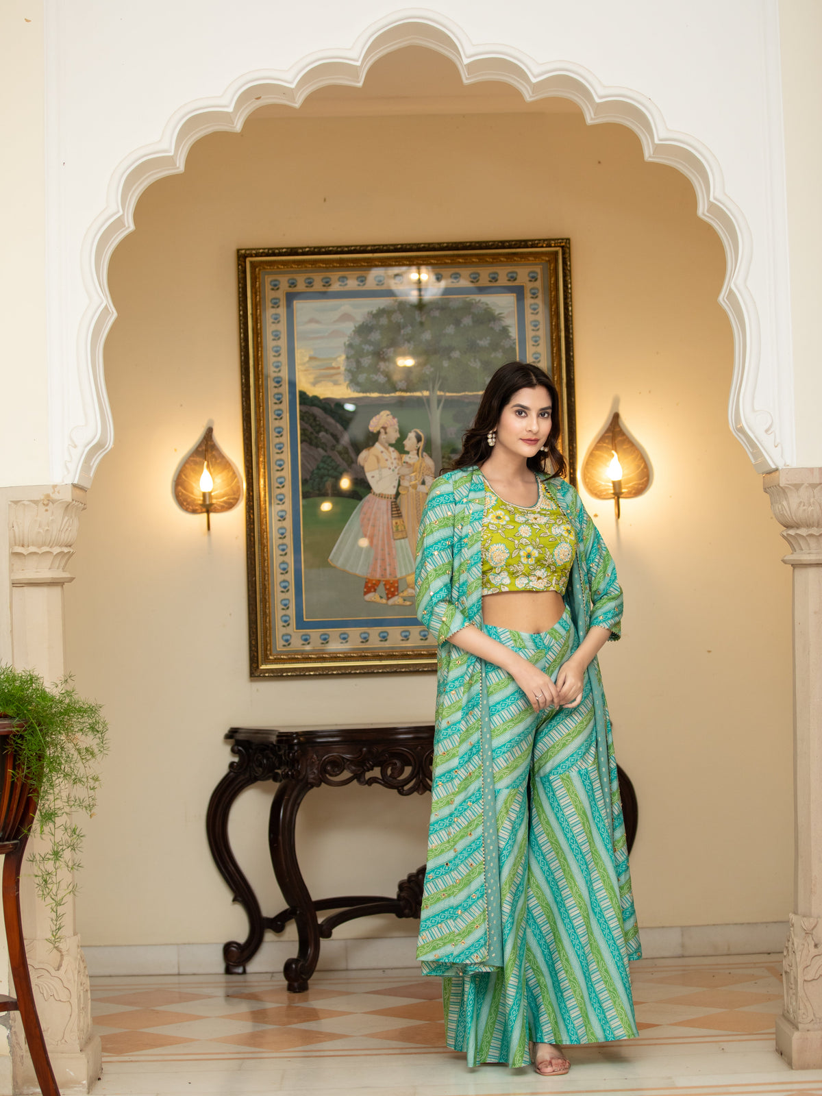 Women Turquoise BANDEJH PRINT SHARARA WITH CAPE 3 PCS SET