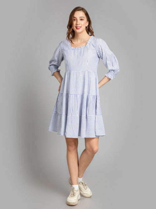 SUTI WOMEN COTTON YARN DYED STRIPE TIERED SHORT DRESS