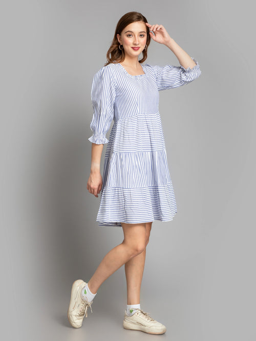 SUTI WOMEN COTTON YARN DYED STRIPE TIERED SHORT DRESS