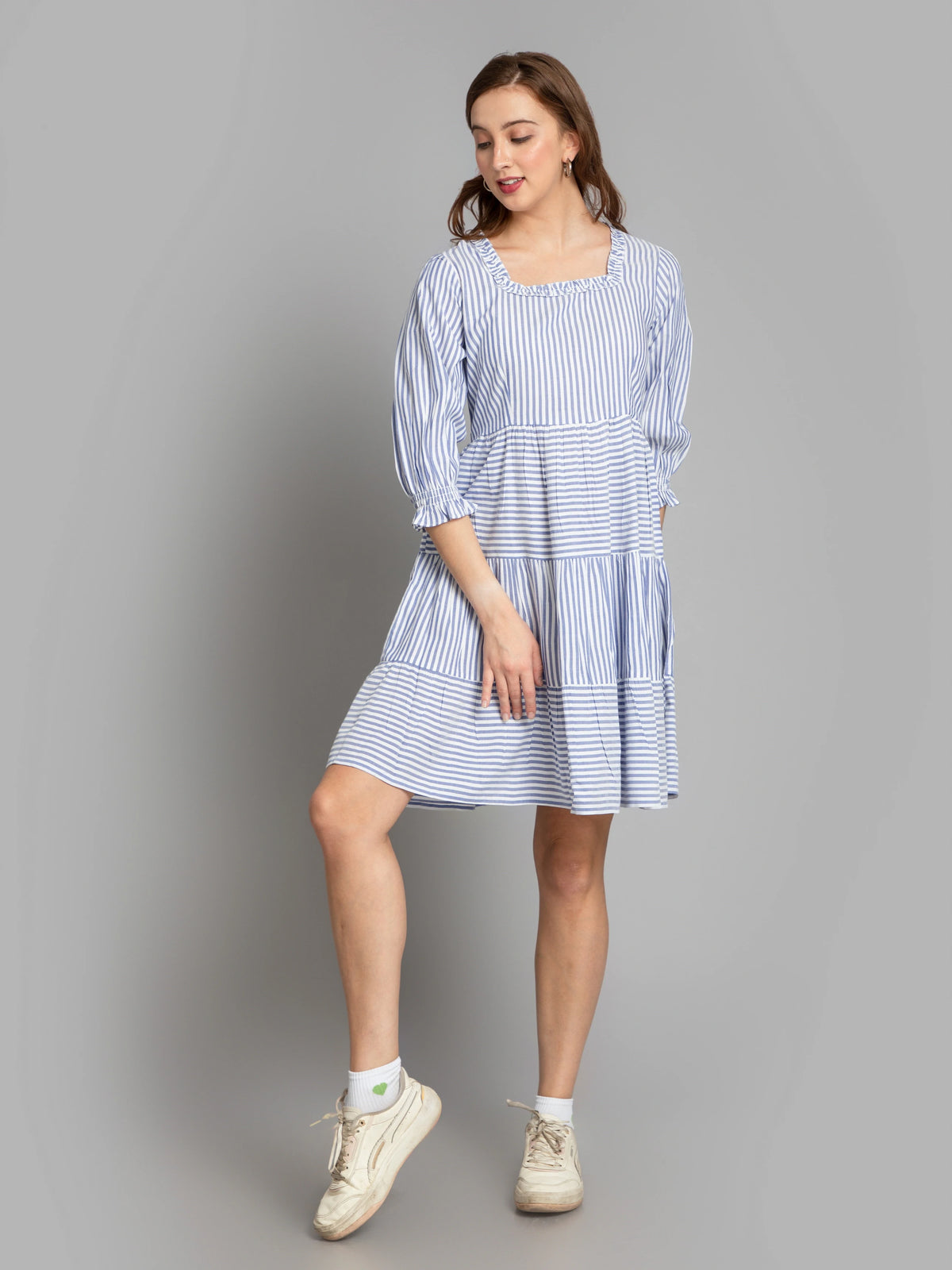 SUTI WOMEN COTTON YARN DYED STRIPE TIERED SHORT DRESS