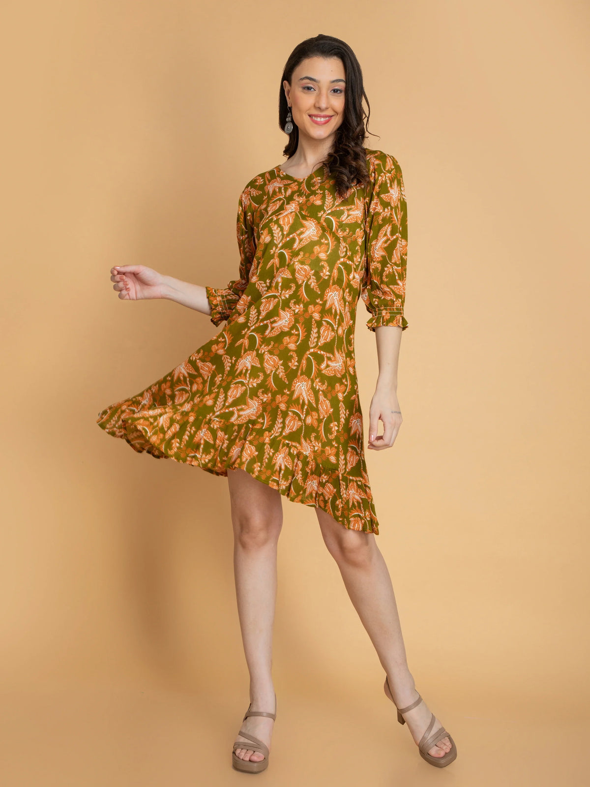 Women Green PRINTED ALIYA CUT SHORT DRESS