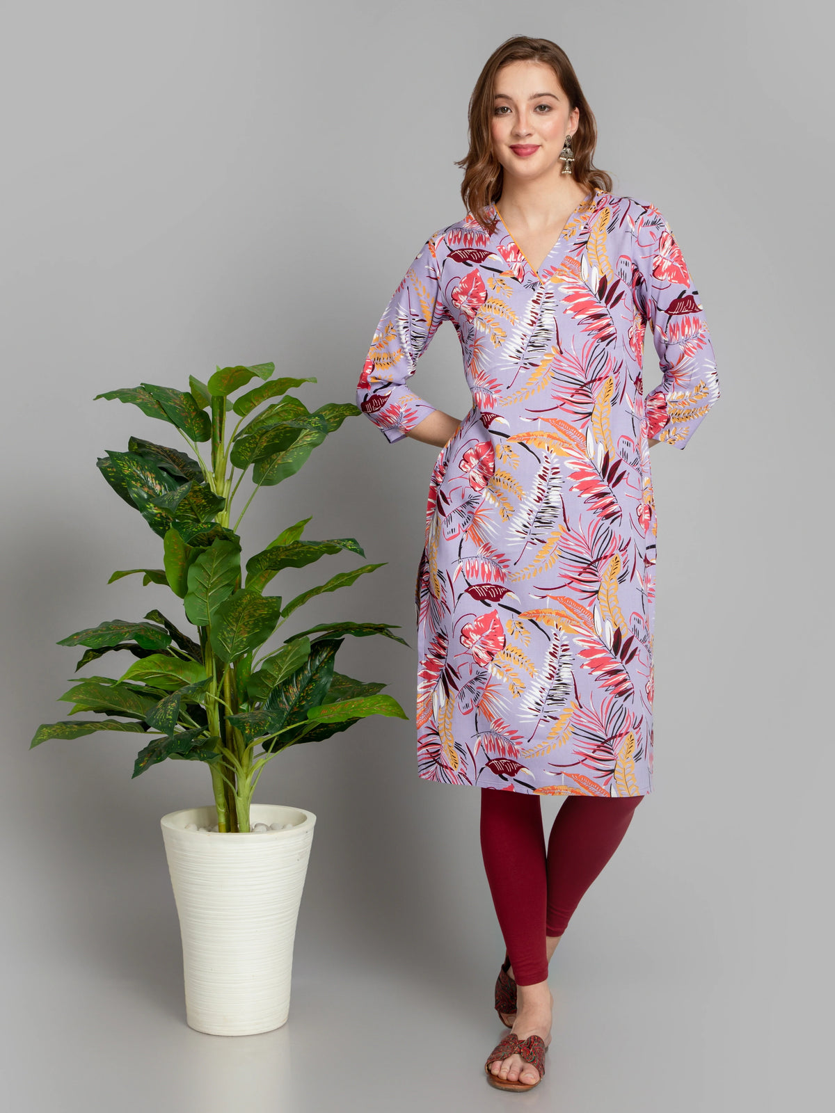 Leafy Print Rayon Long Kurta