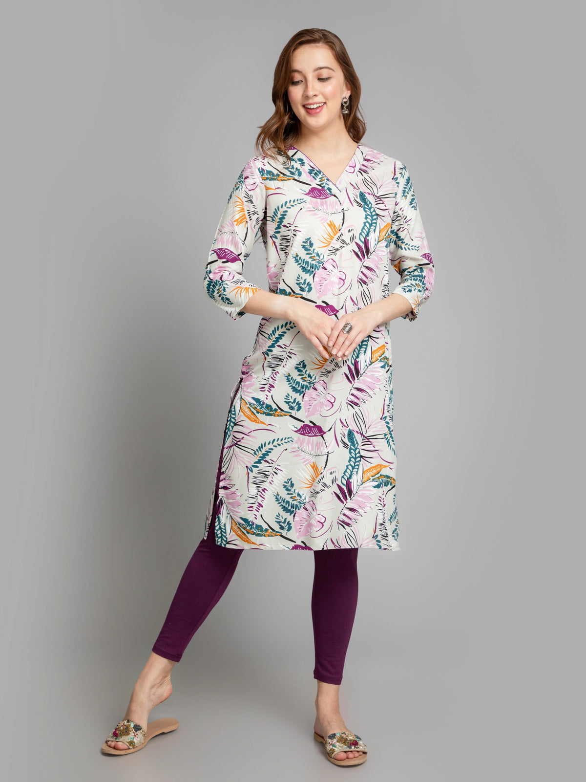 Leafy Print Rayon Long Kurta