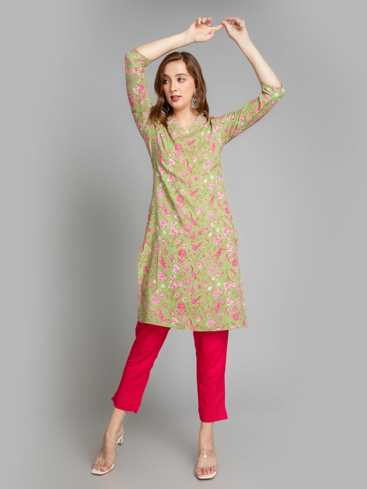 Women Bagru Green CONTEMPORARY PRINTED LONG KURTI