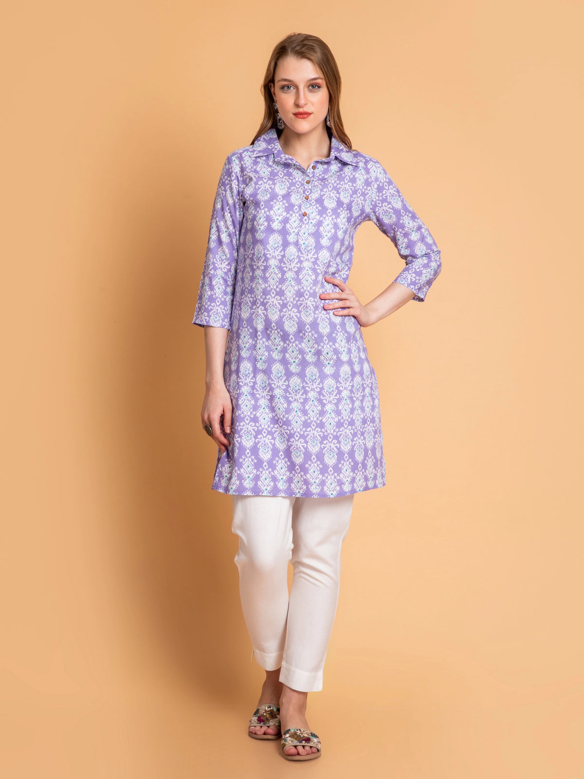 Rayon Contemporary Printed Kurti with Shirt Collar