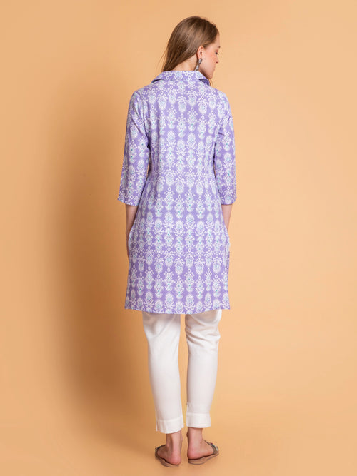 Rayon Contemporary Printed Kurti with Shirt Collar