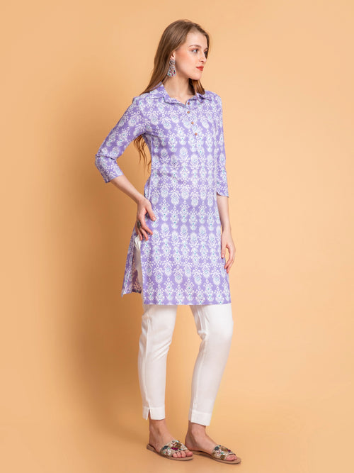 Rayon Contemporary Printed Kurti with Shirt Collar