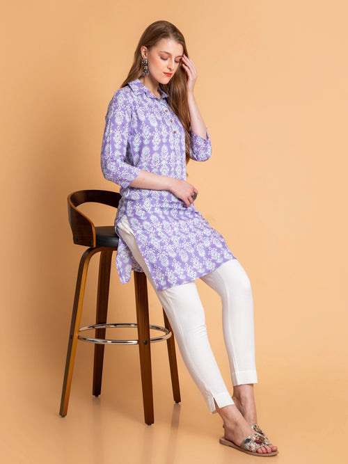 Rayon Contemporary Printed Kurti with Shirt Collar