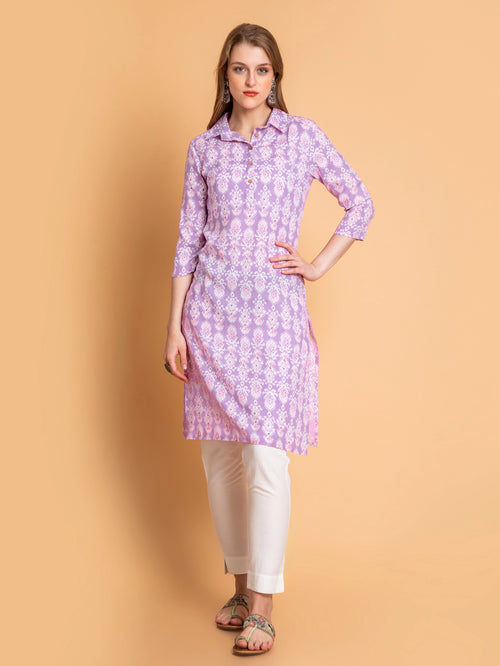 Rayon Contemporary Printed Kurti with Shirt Collar