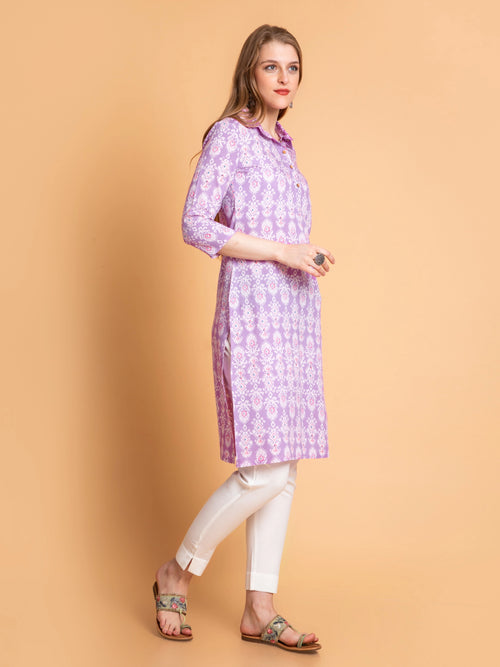 Rayon Contemporary Printed Kurti with Shirt Collar